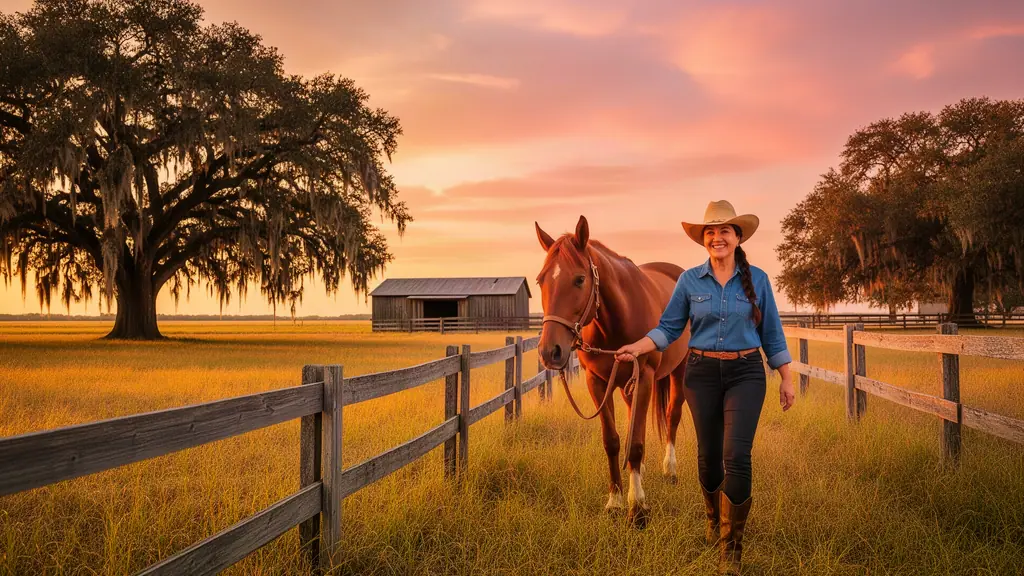 Horse stable owner in a straw cowboy hat leading a chestnut horse along a ranch fence at sunset